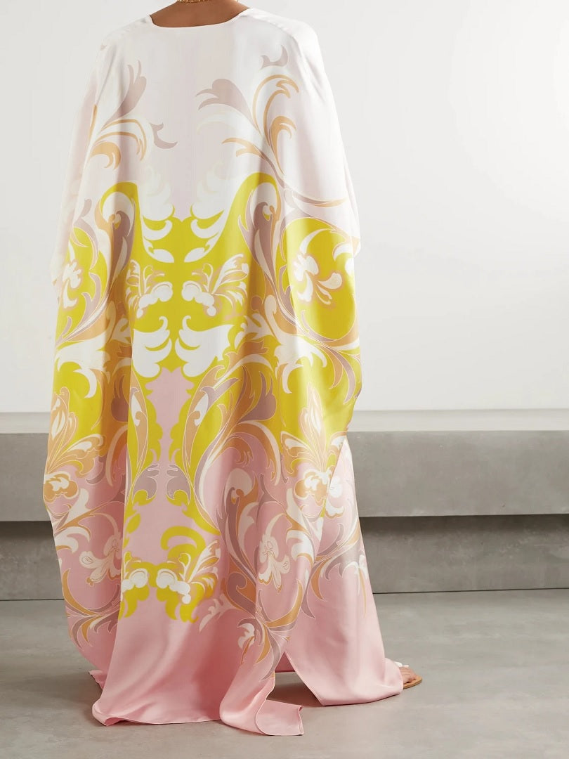 V Neck Style Printed Satin Silk Kaftan For Women J5623