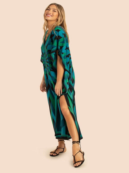 V Neck Printed Lounge Wear Soft Silk Crepe Kaftan J5765
