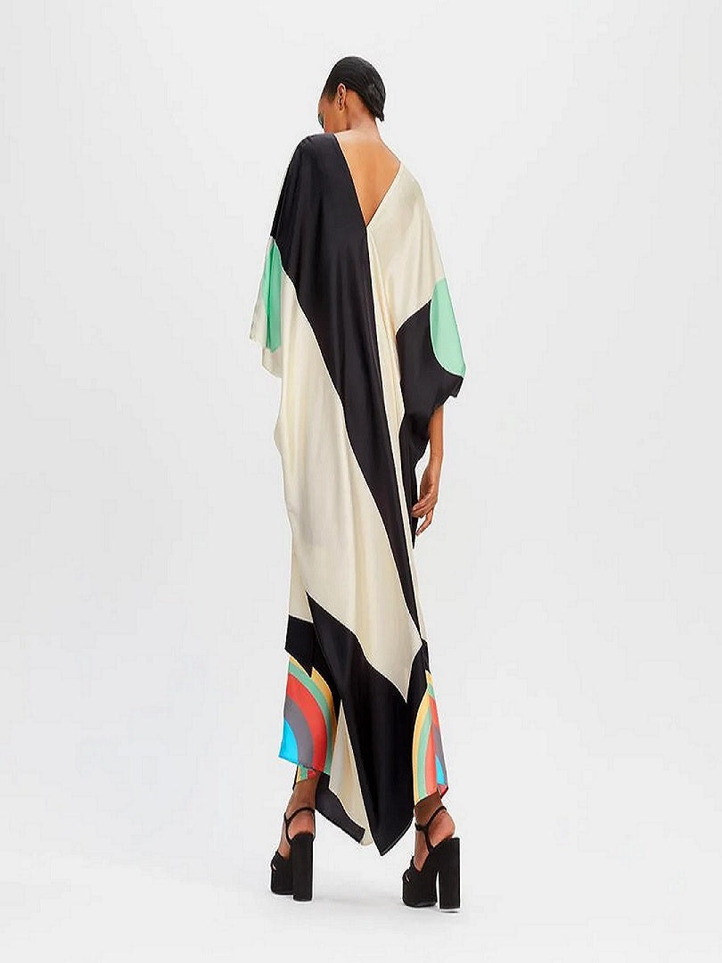 V-Neck Belt Style Women Soft Satin Silk Printed Kaftan J5631