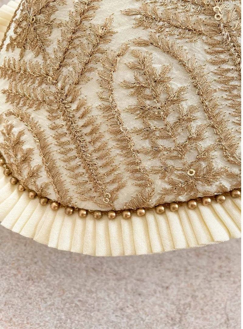 Cream Embroidered Poly Silk Potli Bag