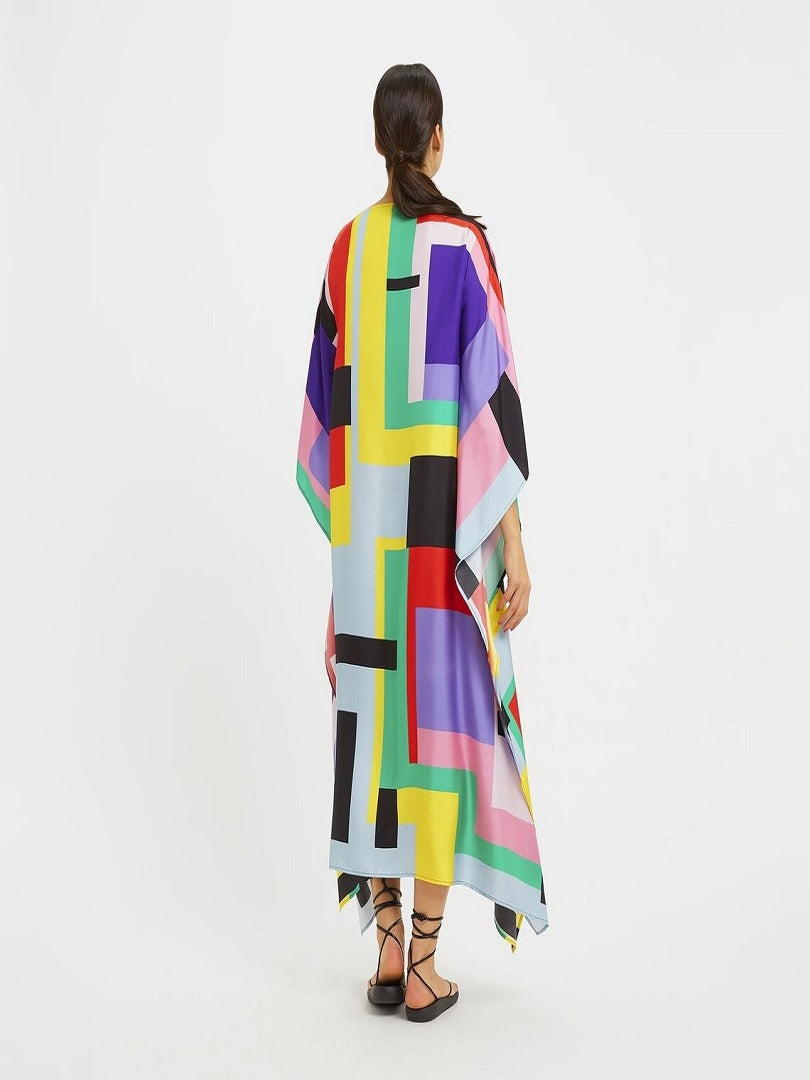 Multi Color Boat Neck Style Occasion Wear Printed Softy Silk Crepe Kaftan J5604