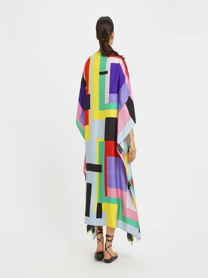 Multi Color Boat Neck Style Occasion Wear Printed Softy Silk Crepe Kaftan J5604