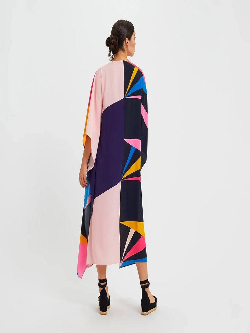 Multi Abstract Printed Silk Crepe Kaftan J5606