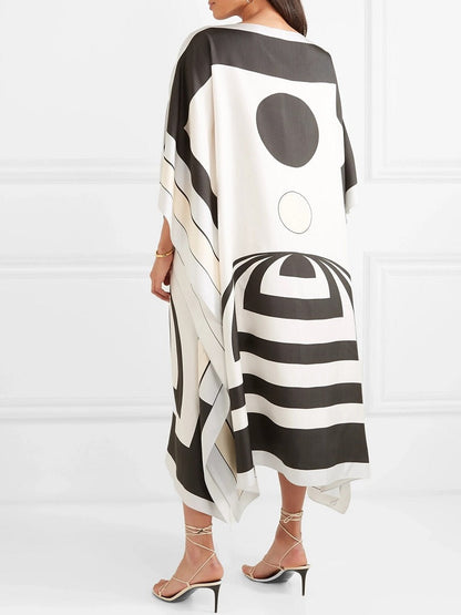 Black & White Printed Soft Silk Crepe Kaftan For Women Modest Wear J5608
