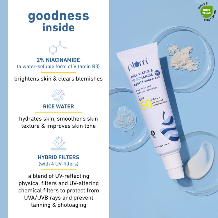 Plum 2% Niacinamide & Rice Water SPF 50 PA+++ Hybrid Sunscreen - 50 GMS