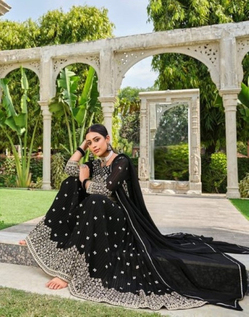Anaita Black Faux Georgette Plazzo Suit With Embroidery & Sequins Work