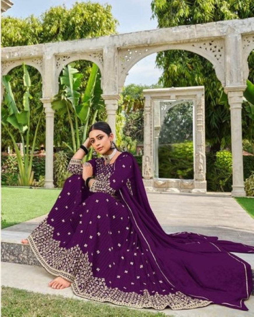 Anaita Purple Faux Georgette Plazzo Suit With Embroidery & Sequins Work