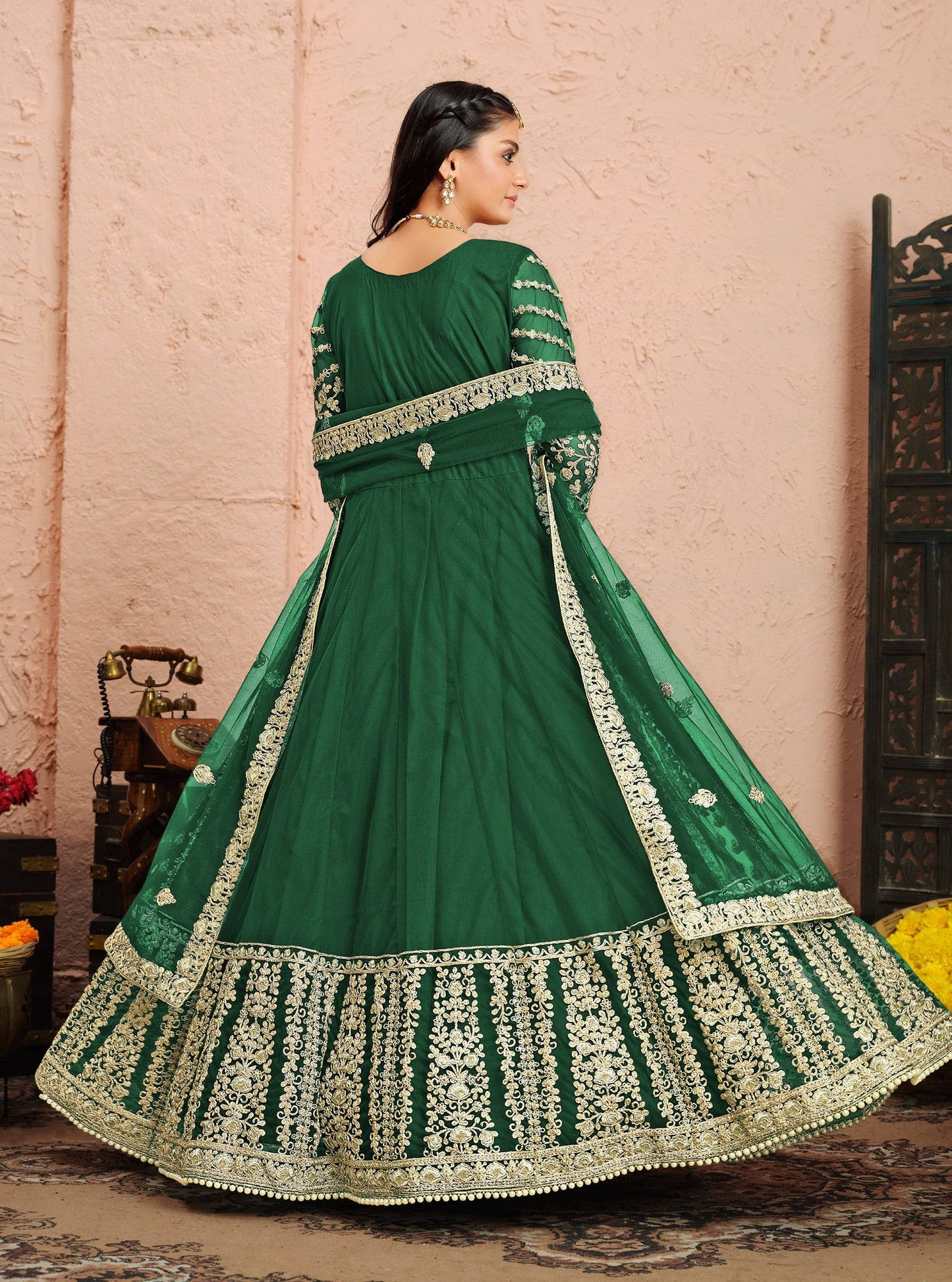 Anaita Green Embroidered Net Anarkali Suit