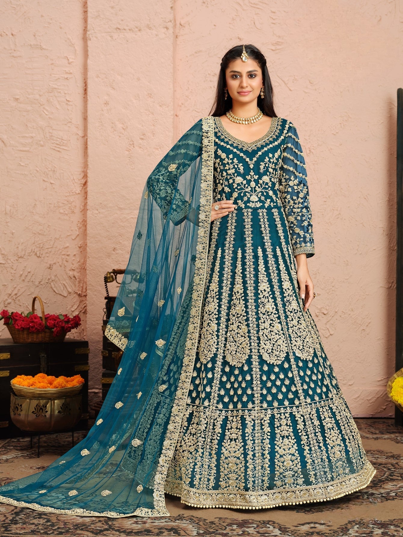 Anaita Teal Embroidered Net Anarkali Suit