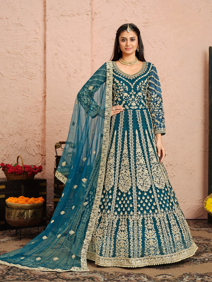 Anaita Teal Embroidered Net Anarkali Suit