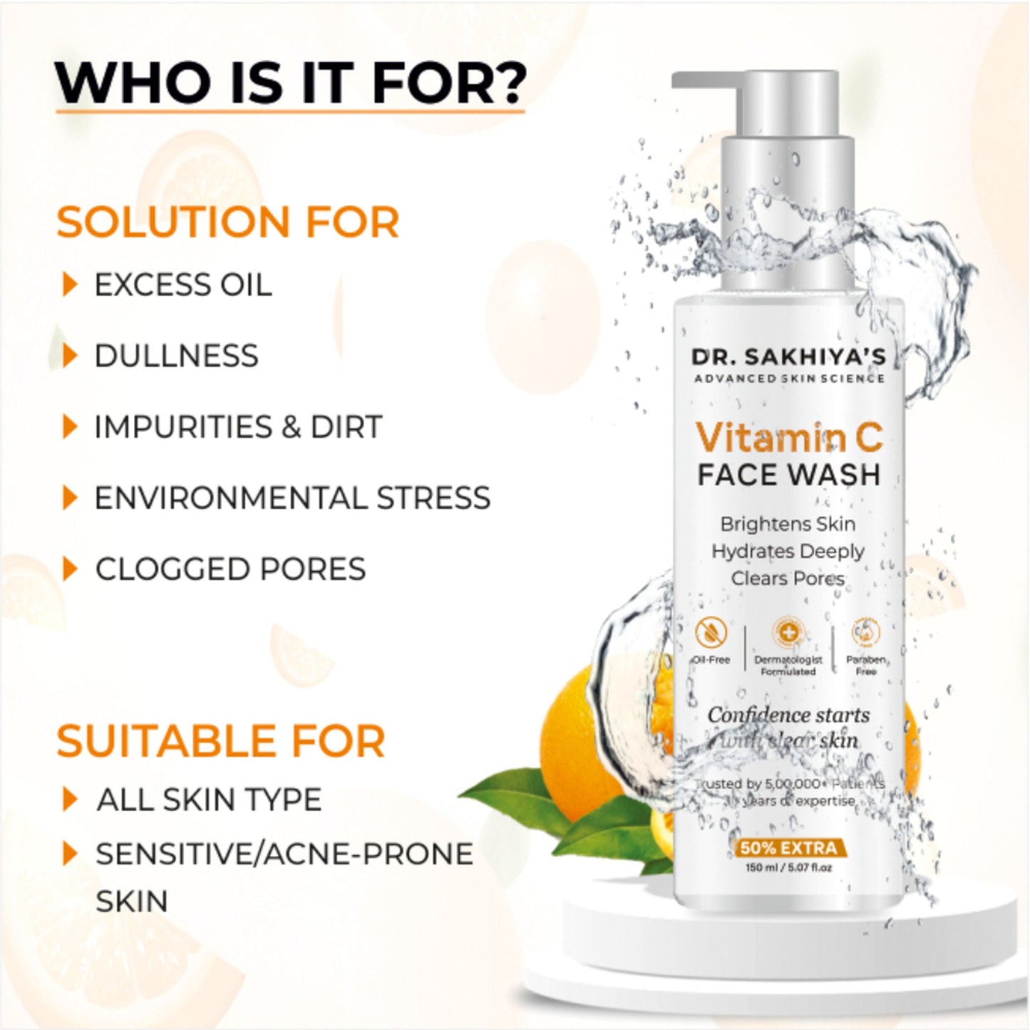 Dr.Sakhiya Vitamin C Face Wash Daily Glowing and Brightening Cleanser with Antioxidants