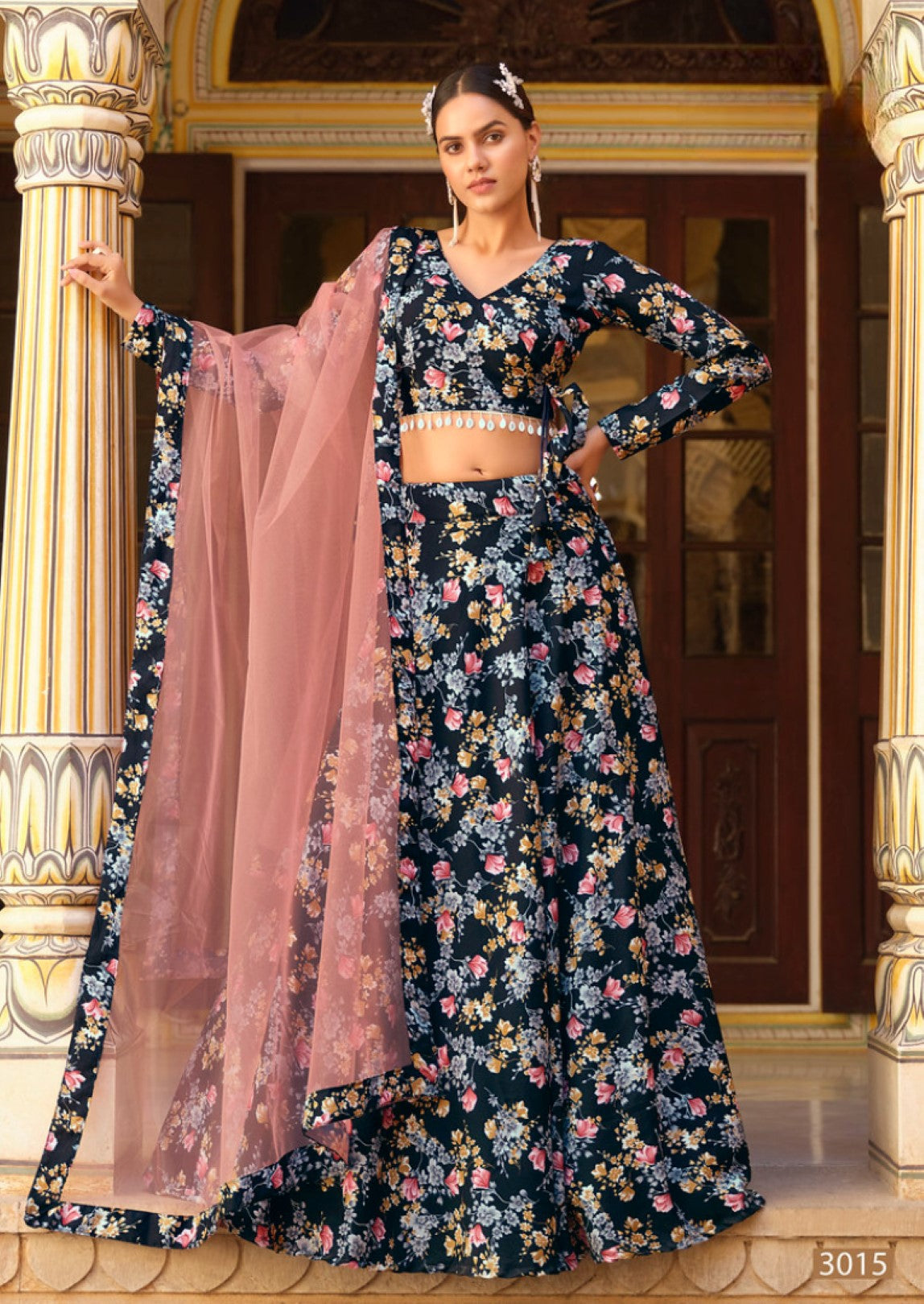 Anaita Black Silk Lehenga Choli With Floral Printed Work