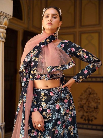 Anaita Black Silk Lehenga Choli With Floral Printed Work