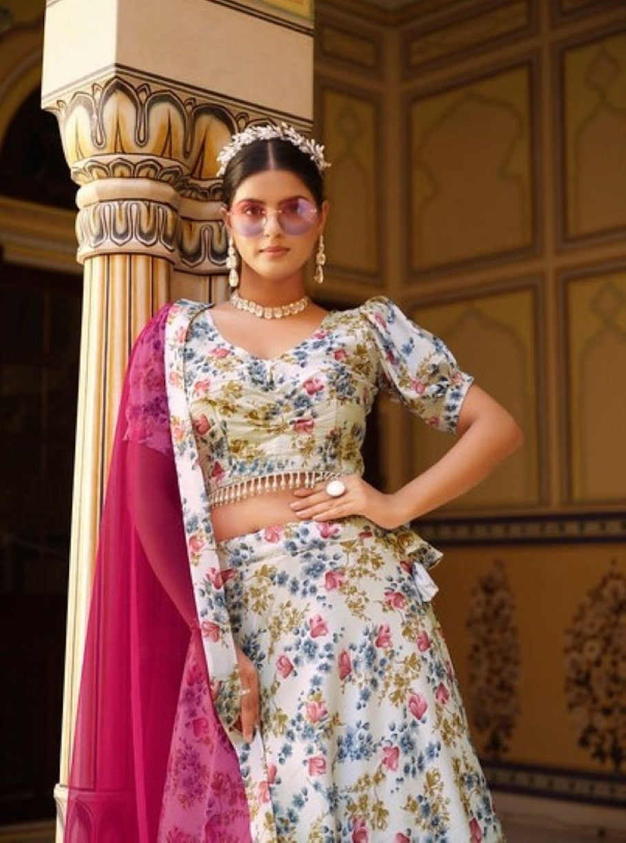 Anaita White Silk Lehenga Choli With Floral Printed Work