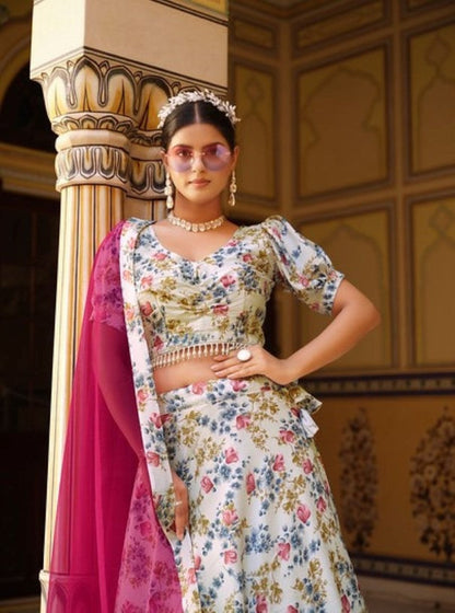 Anaita White Silk Lehenga Choli With Floral Printed Work