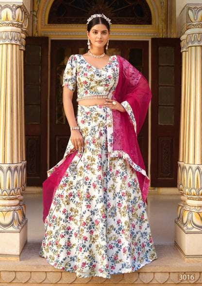 Anaita White Silk Lehenga Choli With Floral Printed Work