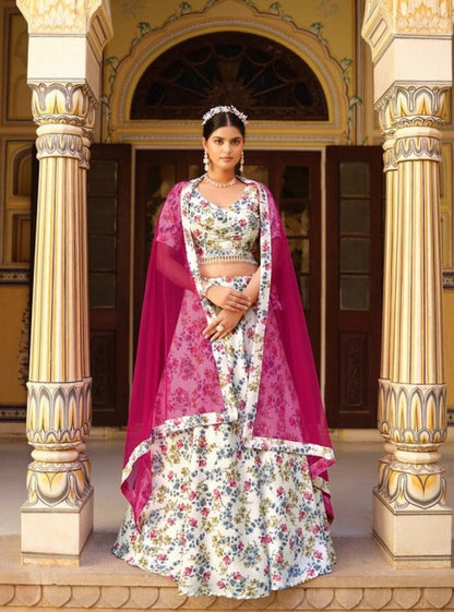 Anaita White Silk Lehenga Choli With Floral Printed Work