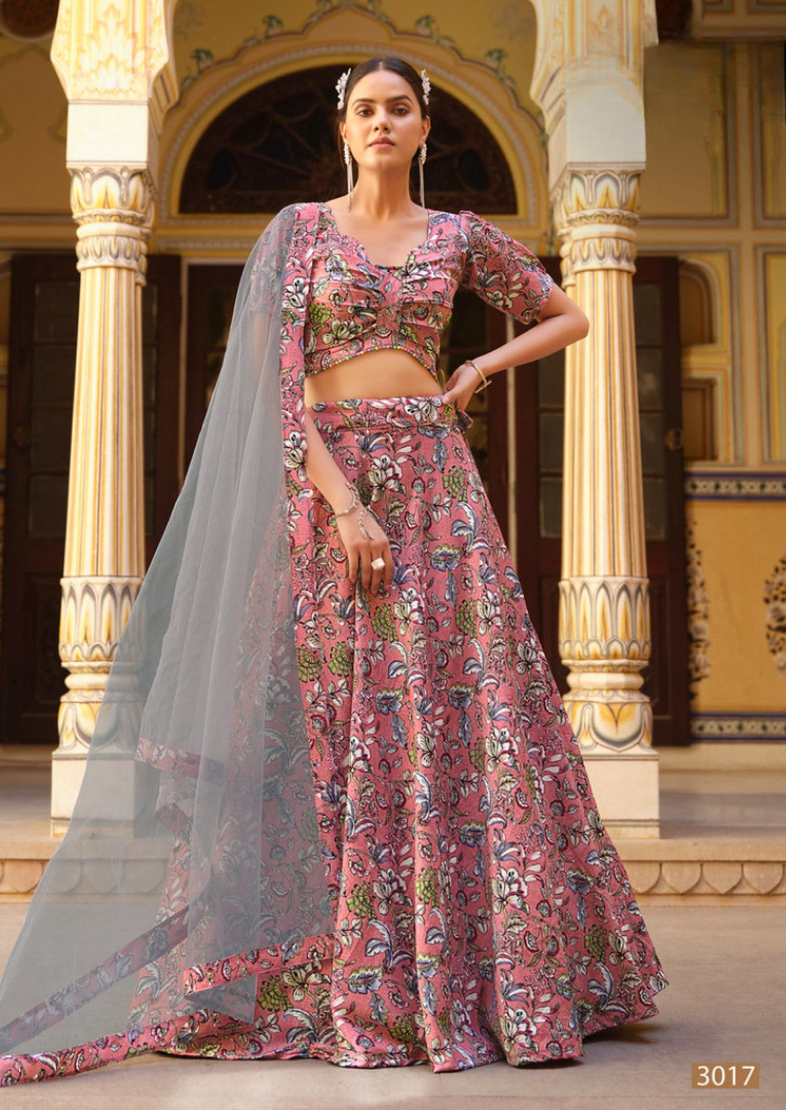 Anaita Peach Silk Lehenga Choli With Floral Printed Work