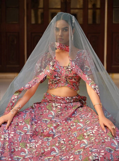 Anaita Peach Silk Lehenga Choli With Floral Printed Work