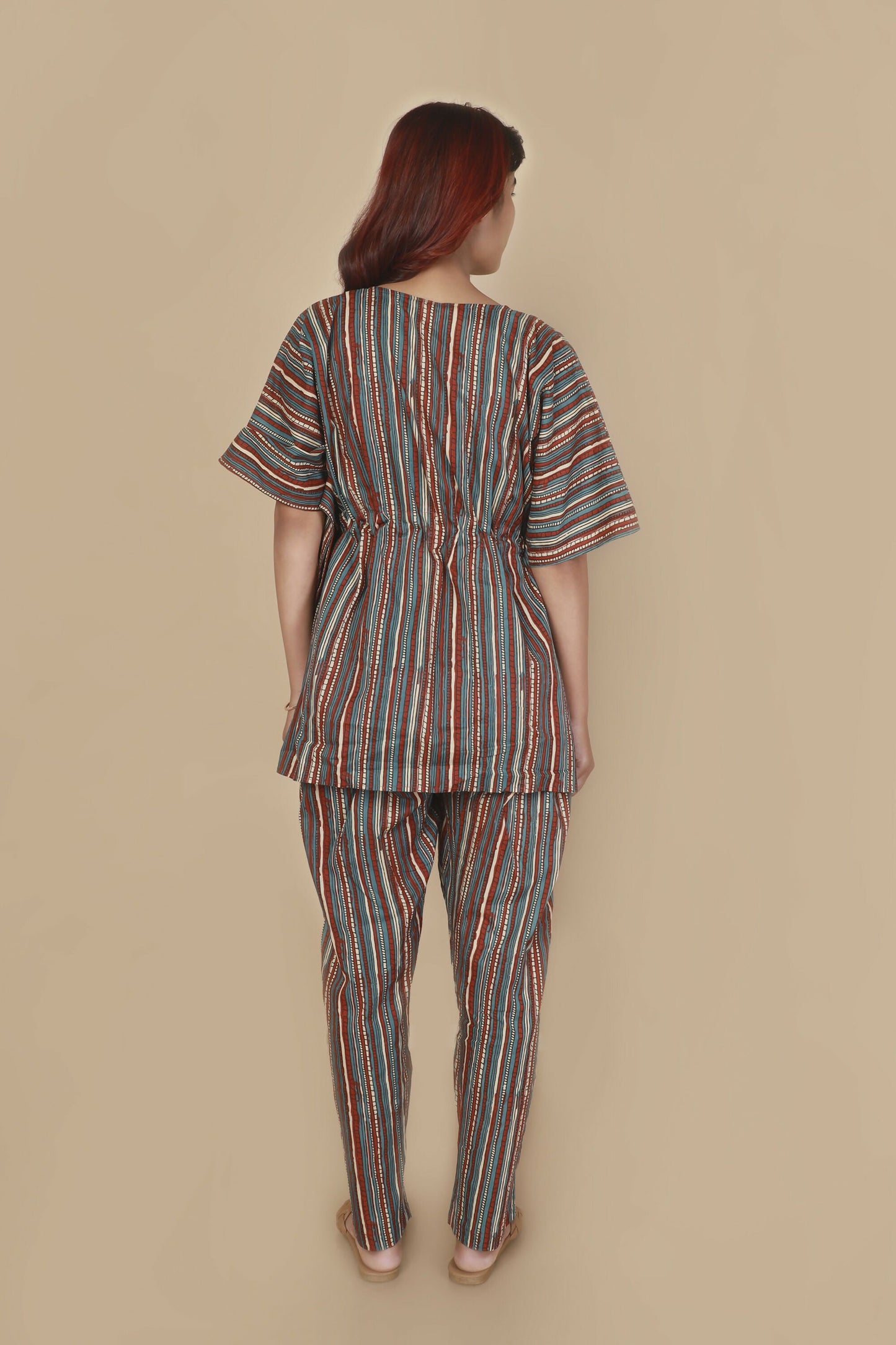 Breathables Women’S Loungewear Kaftan Cotton Aqua Blue Stripes Print Co-Ord Set