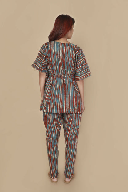 Breathables Women’S Loungewear Kaftan Cotton Aqua Blue Stripes Print Co-Ord Set