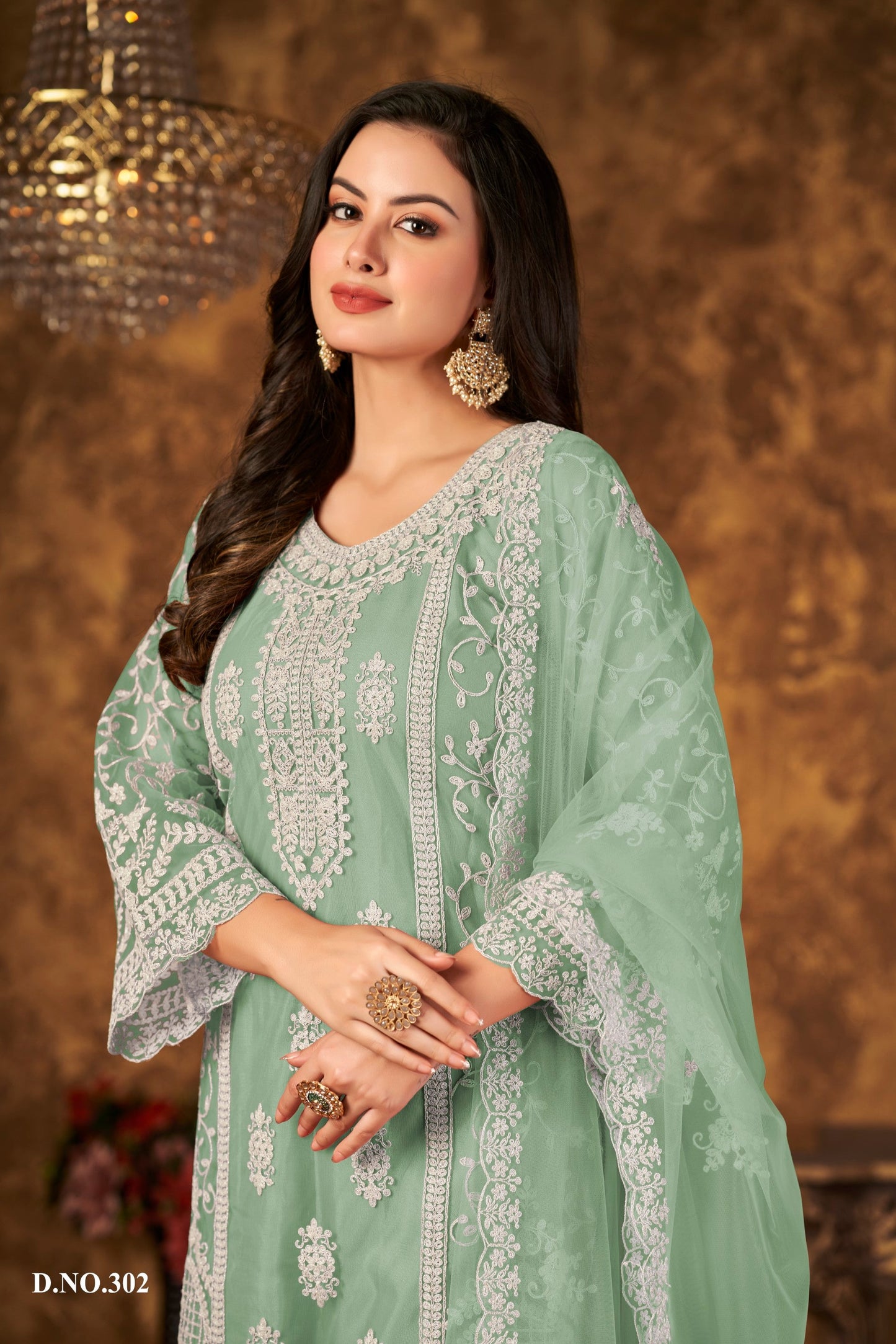 Anaita Light Green Embroidered Net Plazzo Suit