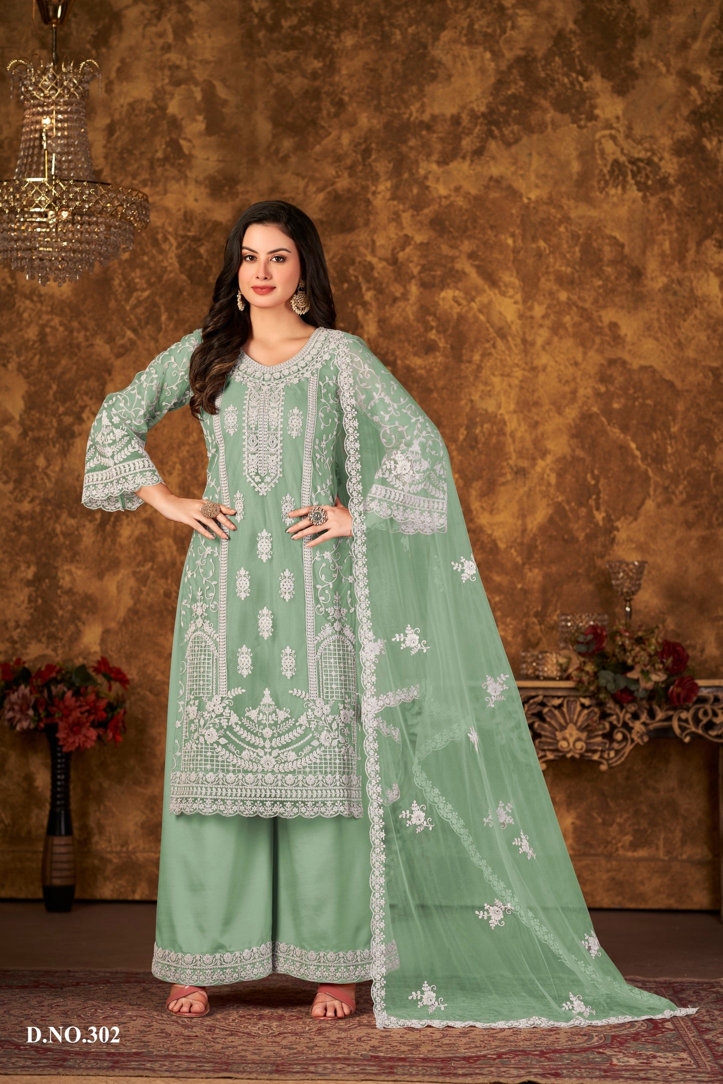 Anaita Light Green Embroidered Net Plazzo Suit