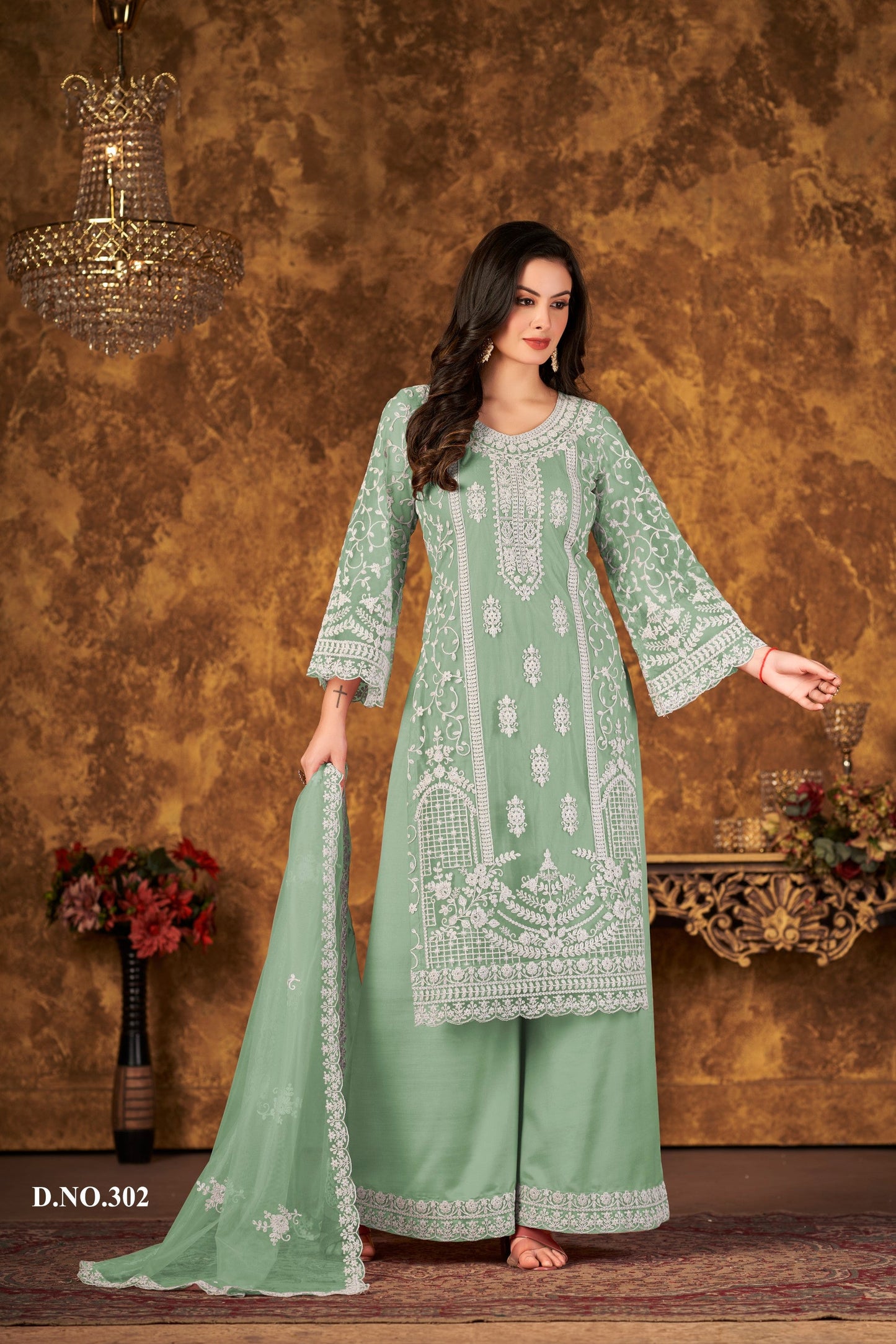 Anaita Light Green Embroidered Net Plazzo Suit