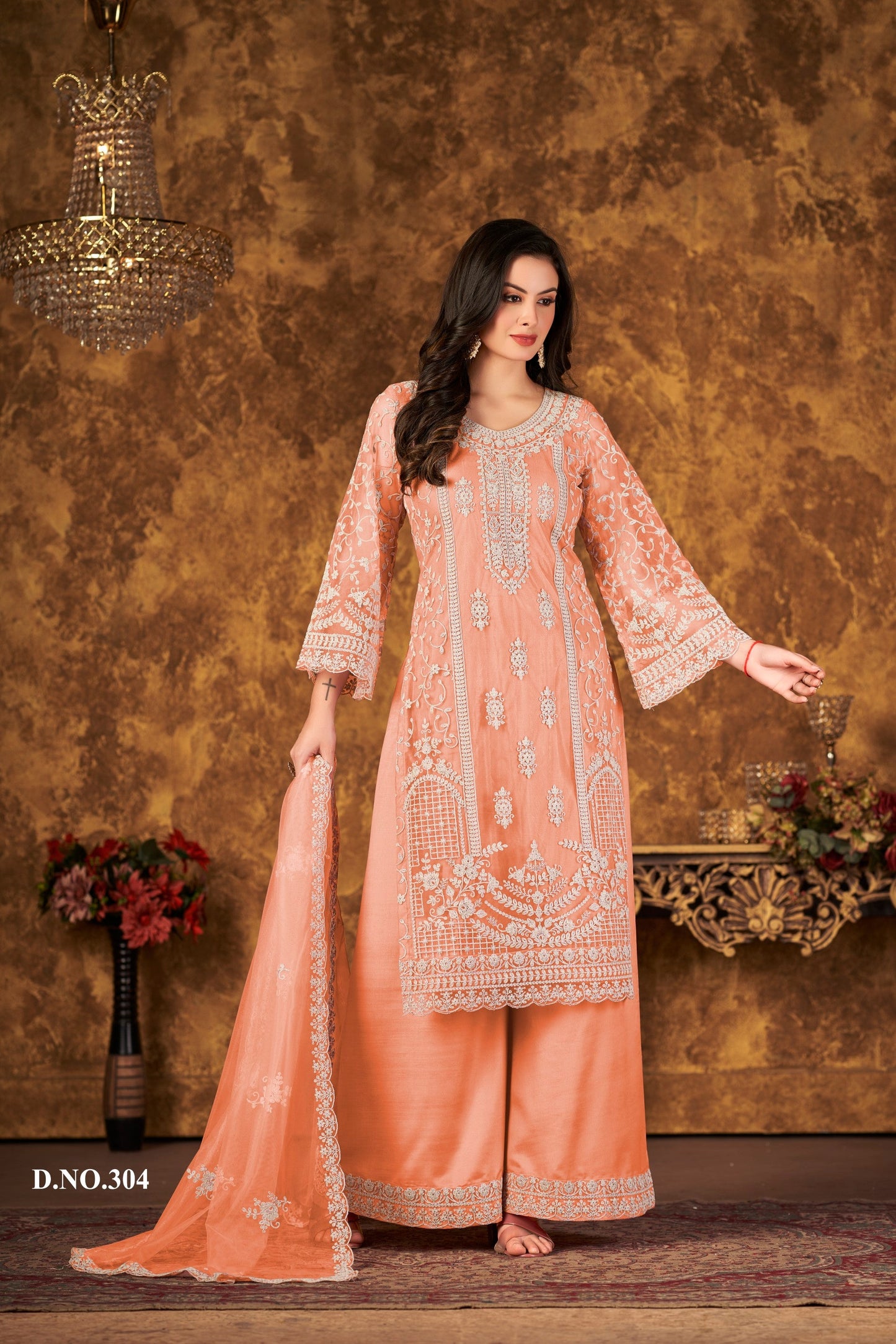 Anaita Orange Embroidered Net Plazzo Suit