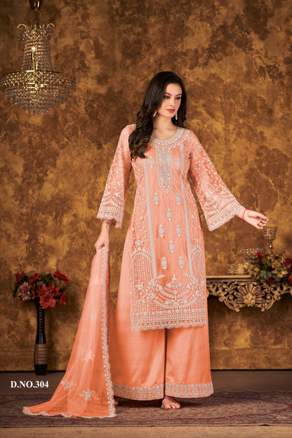 Anaita Orange Embroidered Net Plazzo Suit