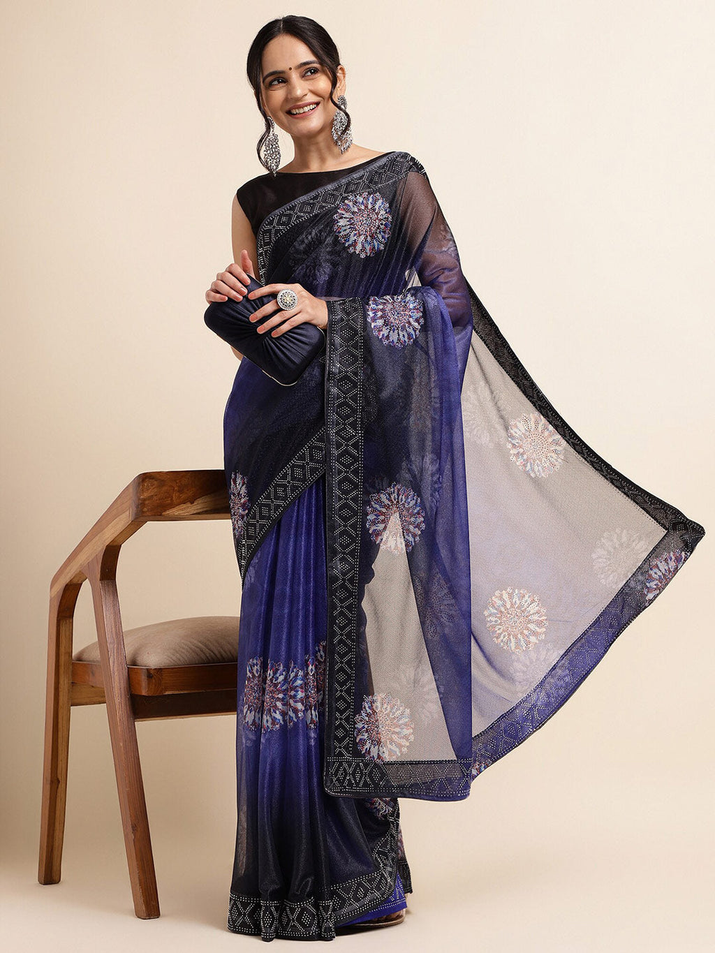Fabmora Satin Ethnic Motifs Embellished Embroidered Lycra Designer Saree