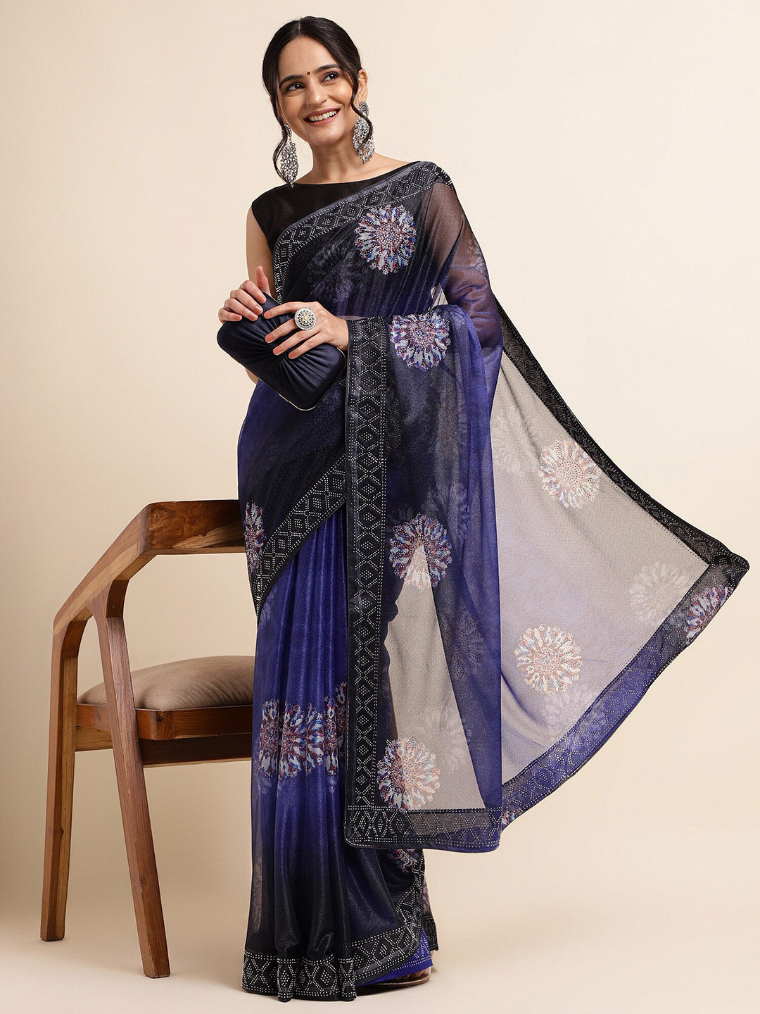 Fabmora Satin Ethnic Motifs Embellished Embroidered Lycra Designer Saree