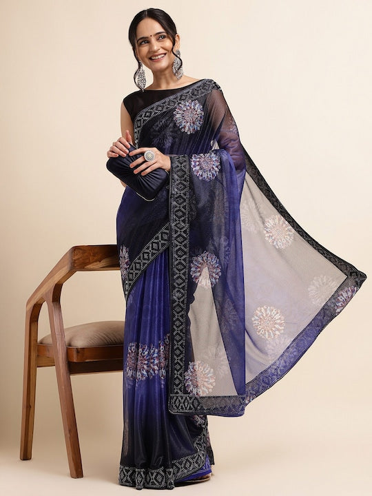 Fabmora Satin Ethnic Motifs Embellished Embroidered Lycra Designer Saree