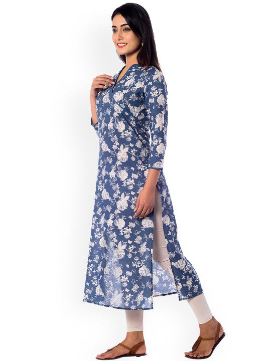 Anayna Women Blue & White Floral Print Straight Kurta