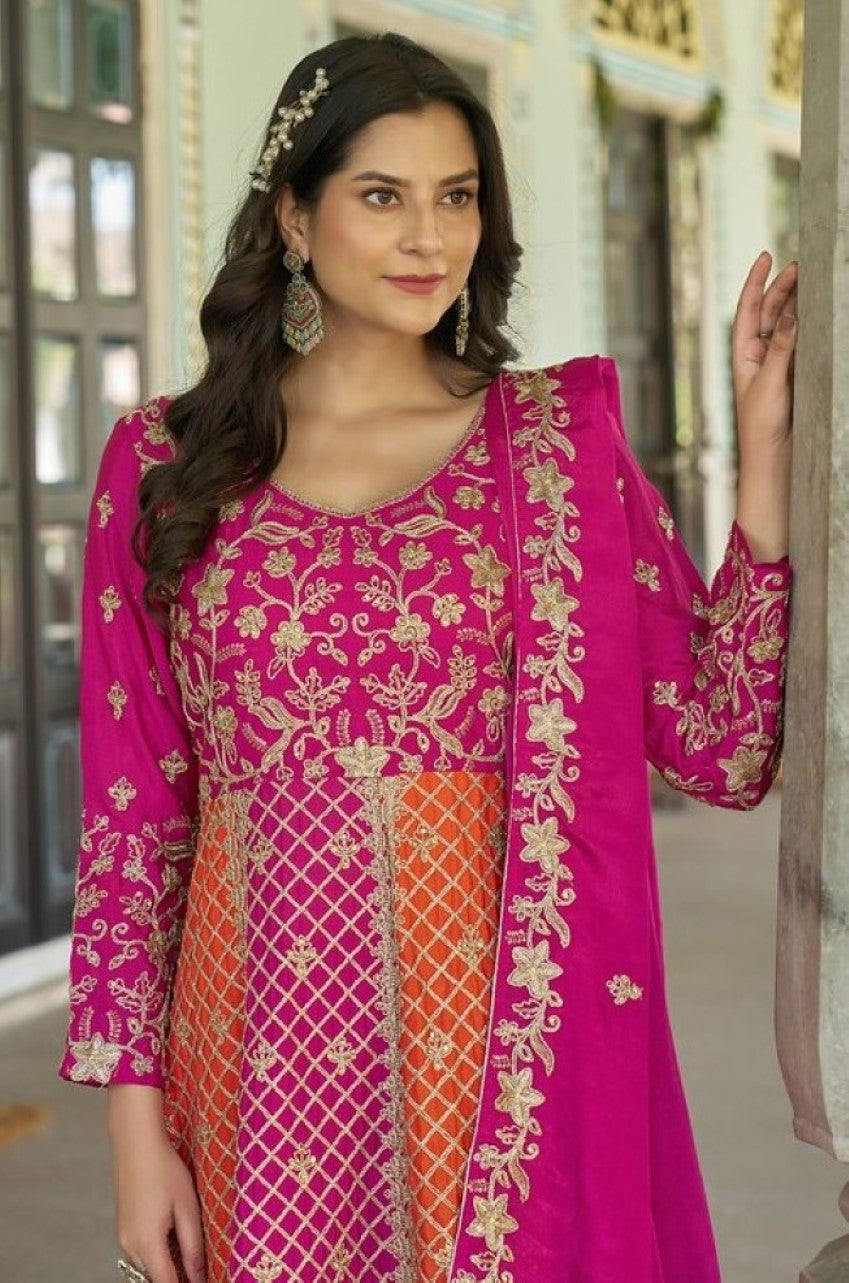 Anaita Magenta Silk Anarkali Suit With Embroidery & Sequins Work