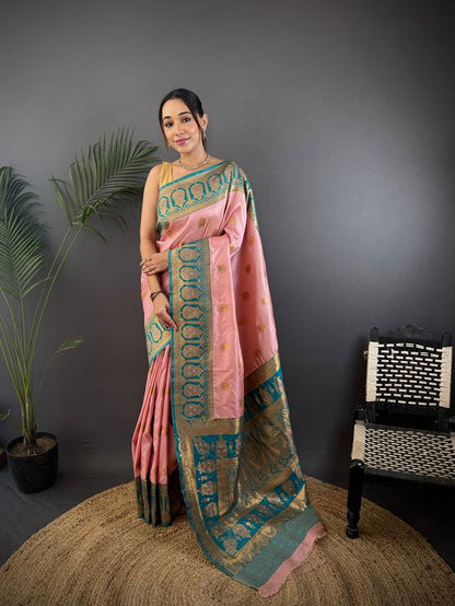 Elora Baby Pink Soft Silk Butti Zari Weaving Contrast Pallu Banarasi Saree