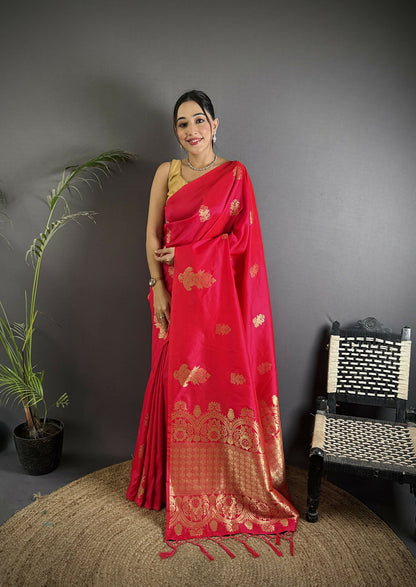 Joban Fashion Red Banarasi Lichi Silk Gold Zari Meena Saree