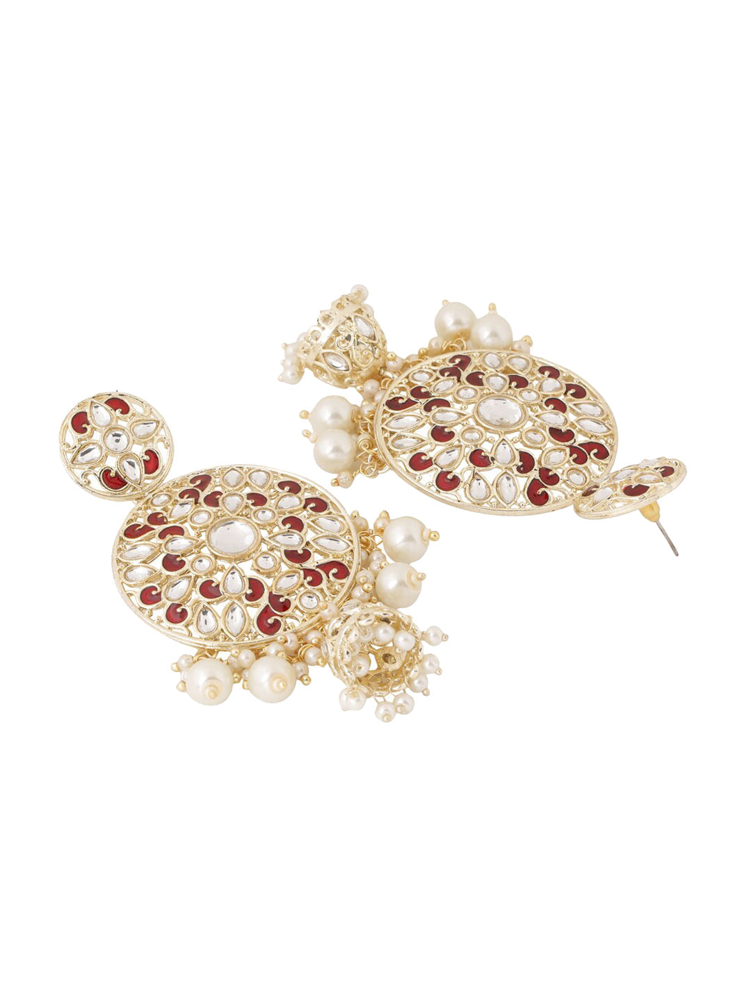 Shoshaa Maroon Contemporary Gold-Polished Kundan Drop Earrings With Jhumkas Earrings Sets