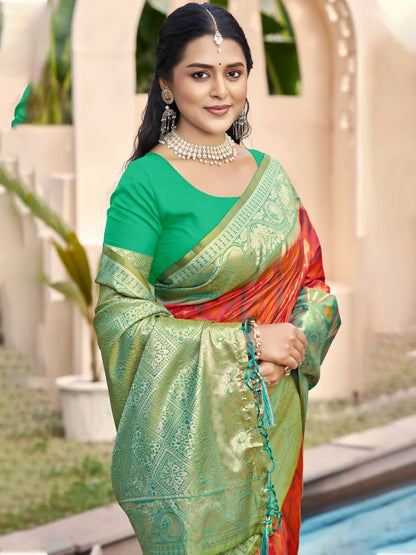 Anaita Coral Silk Saree With Blouse Piece