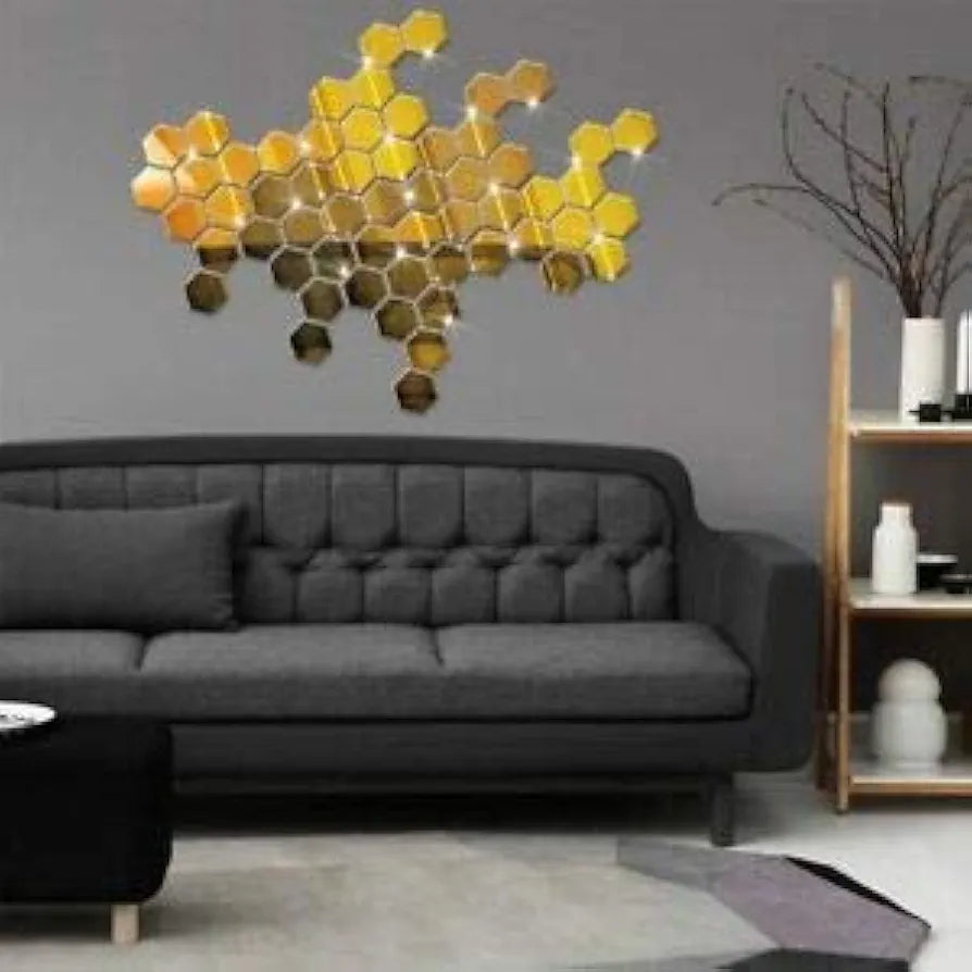 Bikri Kendra 40 Hexagon Golden with 20 Butterfly Decorative Stickers for Wall Hexagon Wall Hexagonal Mirror