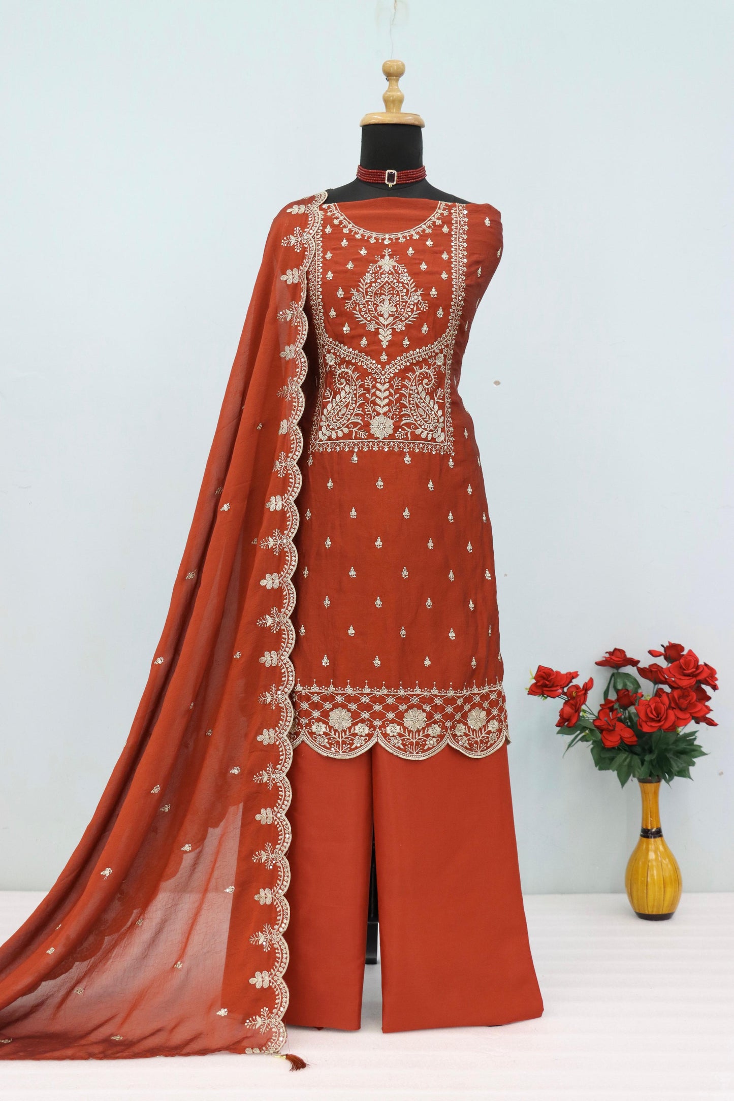 Anaita Orange Vichitra Silk Suit with Embroidery & Sequence Work