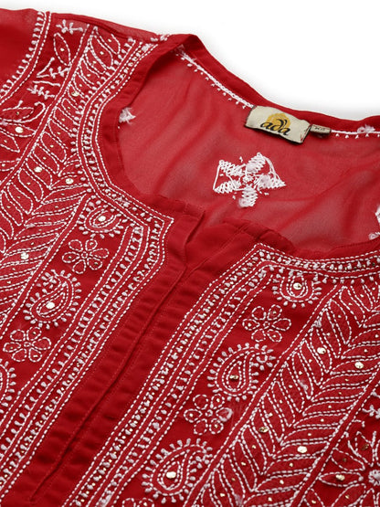 ADA Women Red & White Hand Embroidered Chikankari Sustainable Handloom Kurta With Matching Slip