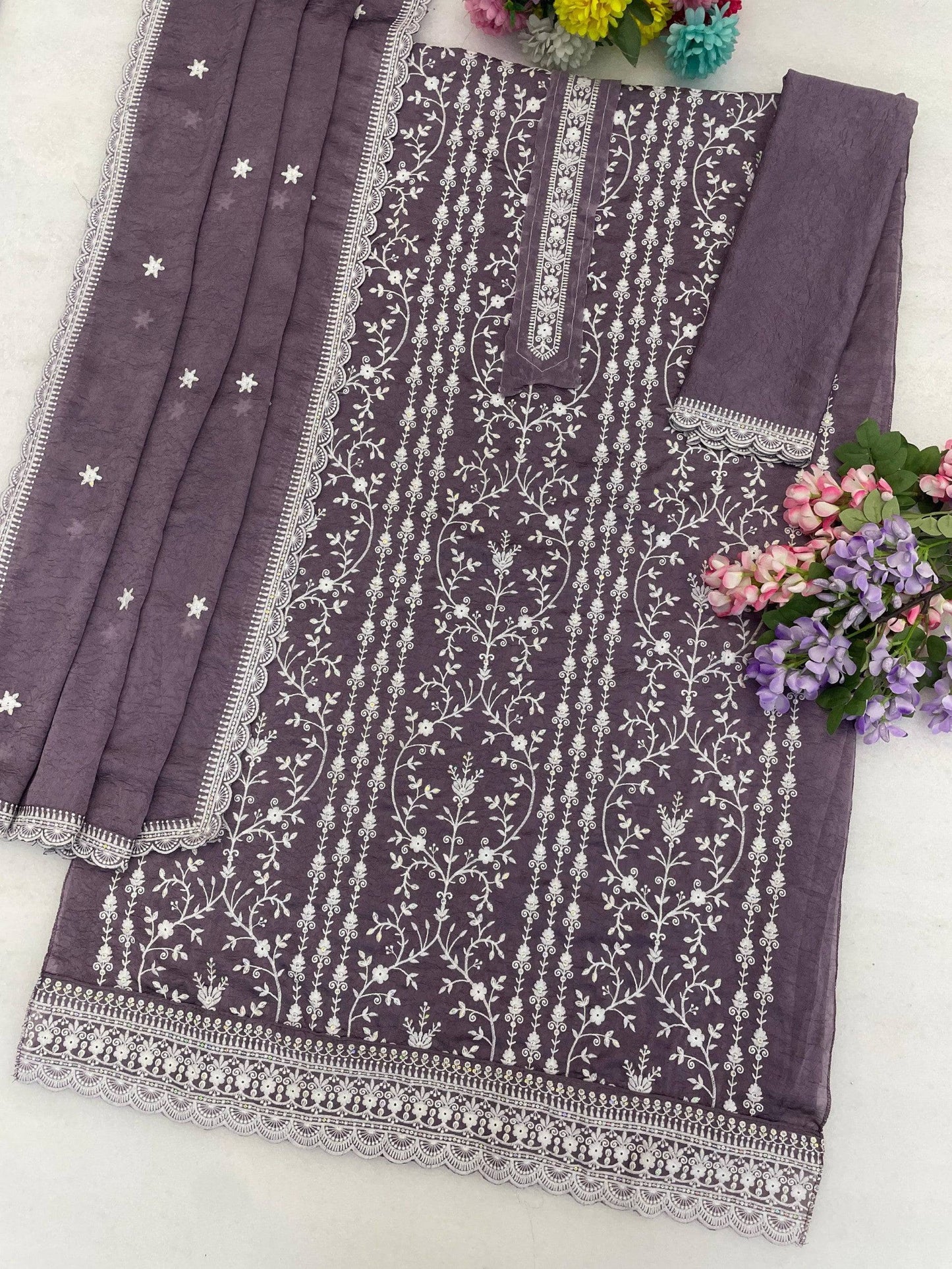 Anaita Purple Silk Suit with Embroidery & Sequence Work