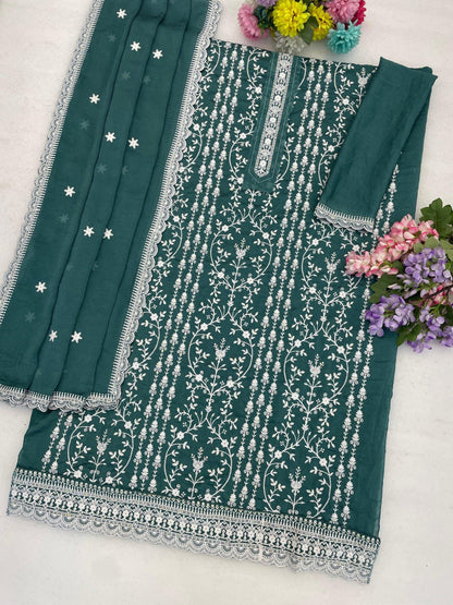 Anaita Emerald Silk Suit with Embroidery & Sequence Work