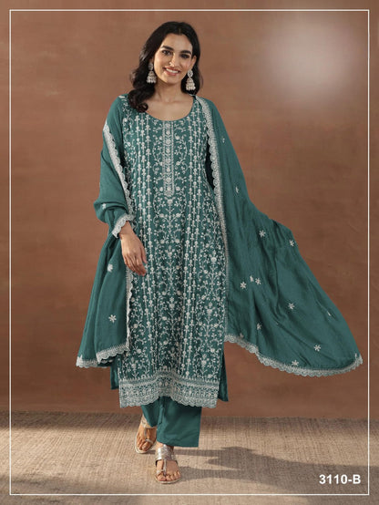Anaita Emerald Silk Suit with Embroidery & Sequence Work