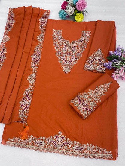 Anaita Orange Chiffon Semi Stitched Suit with Embroidery & Sequence Work