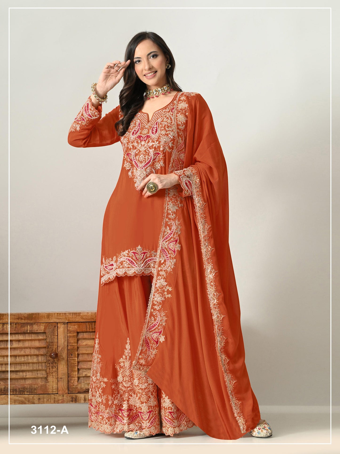 Anaita Orange Chiffon Semi Stitched Suit with Embroidery & Sequence Work