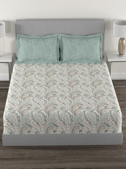 MYTRIDENT Green White Ethnic Motifs Cotton 144 TC Queen Bedsheet With 2 Pillow Covers