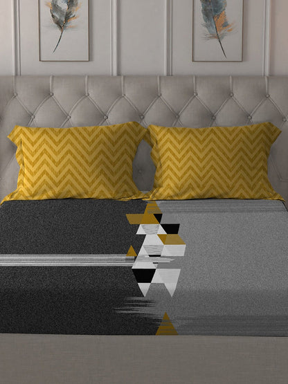 MYTRIDENT Grey Melange White Geometric Cotton 144 TC Queen Bedsheet With 2 Pillow Covers