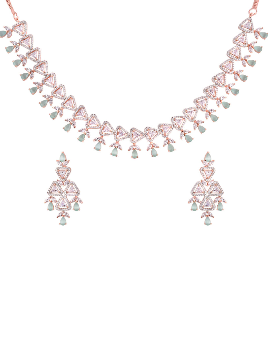 Saraf RS Jewellery Rose Gold-Polished White & Sea Green AD-Studded Handcrafted Jewellery Set
